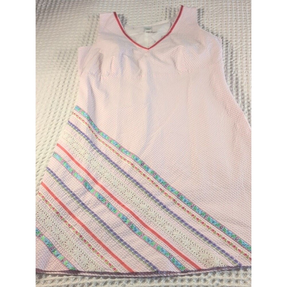 Garnet Hill Light Pink Sleeveless V-Neck Midi Dress with Multicolor Stripe Hem